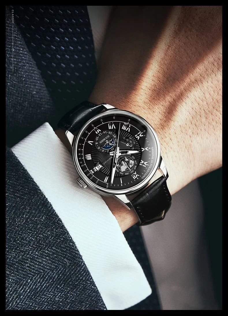 Men’s Luxury Sport Quartz Watch -  Waterproof Luminous Dial, Leather Strap & Date Display