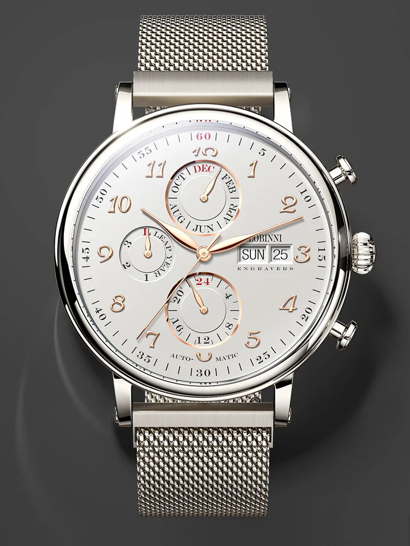 Reloj de lujo suizo LOBINNI para hombre, mecánico automático con calendario perpetuo, cristal de zafiro y multifunción L13019-8