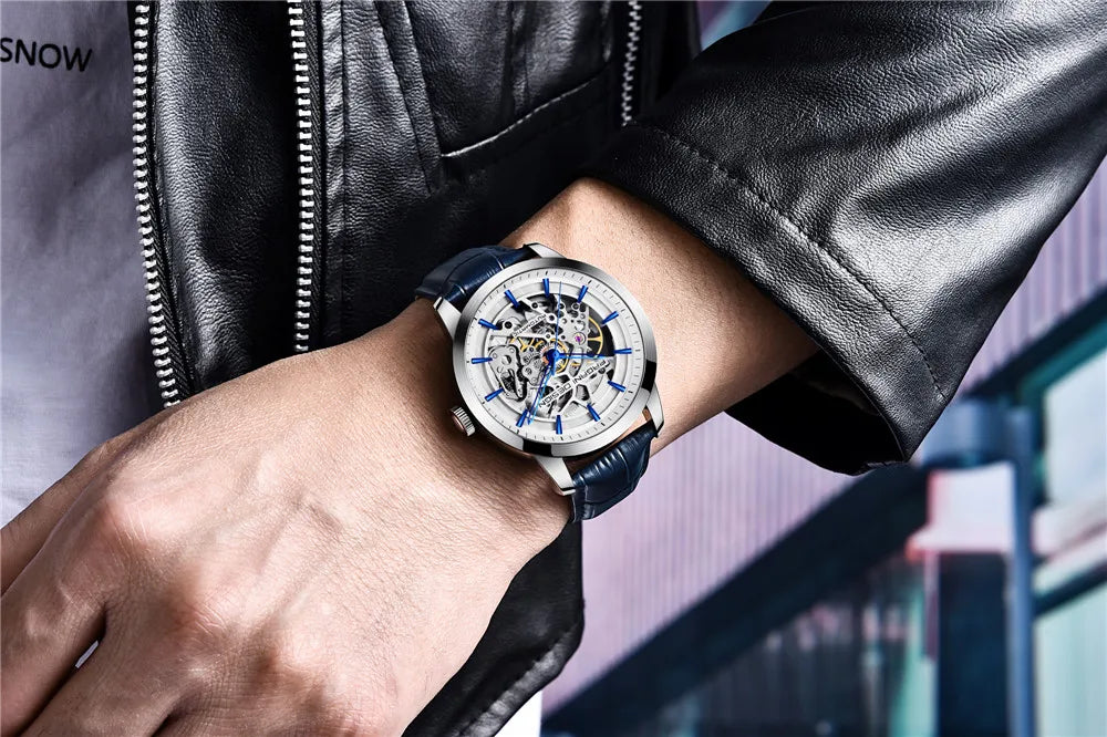 PAGANI DESIGN New Skeleton Men's Mechanical Watches Top Luxury Automatic Watch Men Blue Leather Waterproof Wrist watch Men