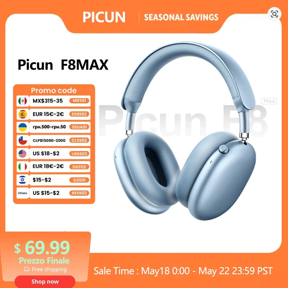 Auriculares inalámbricos Picun F8MAX ANC con cancelación activa de ruido híbrida de 59dB, audio espacial, Bluetooth 6.0, diseño over-ear y hasta 180H