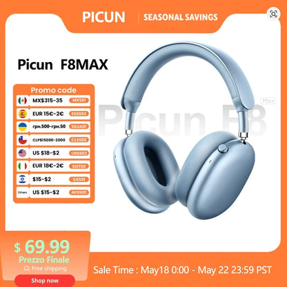 Auriculares inalámbricos Picun F8MAX ANC con cancelación activa de ruido híbrida de 59dB, audio espacial, Bluetooth 6.0, diseño over-ear y hasta 180H