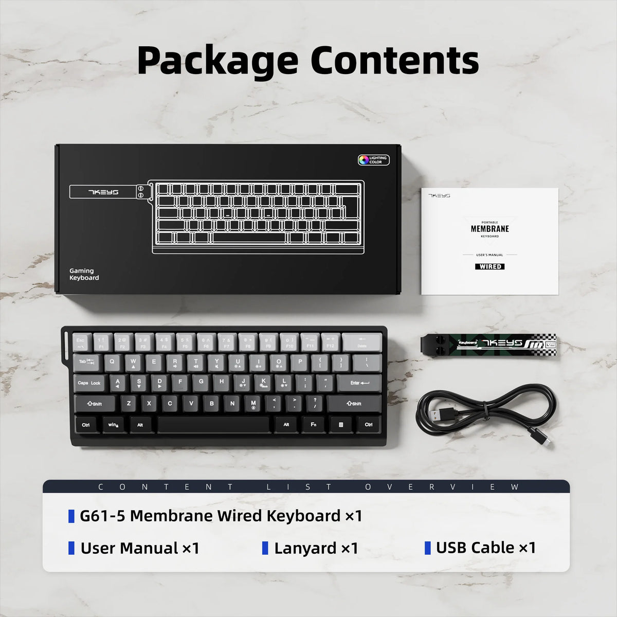 Tastatură cu fir compactă 7KEYS 60%, cu iluminare RGB, capace de taste cu gradient, tastatură de gaming USB pentru PC-uri cu Windows, laptopuri și tablete