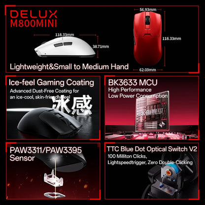 Delux M800mini Wireless Gaming Mouse, 46g Lightweight, PAW3395/PAW3311, 1KHz Polling Rate for Small to Medium Hand PC Gamer