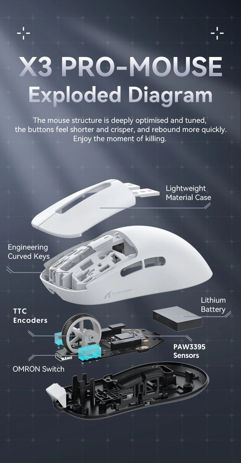 Mouse gaming wireless ATTACK SHARK X3/X3PRO 4K/8K, 26K DPI, tri-mode (cablato/2.4GHz/BT5.2), leggero, sensore PAW3395 per gamer