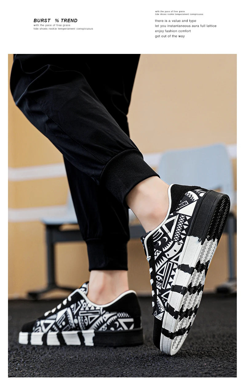 YRZL Sapatilhas de corrida desportivas para homem em lona, estilo geométrico, com atacadores, sapatilhas de casal com estampado graffiti moderno, sapatos de skate para homem