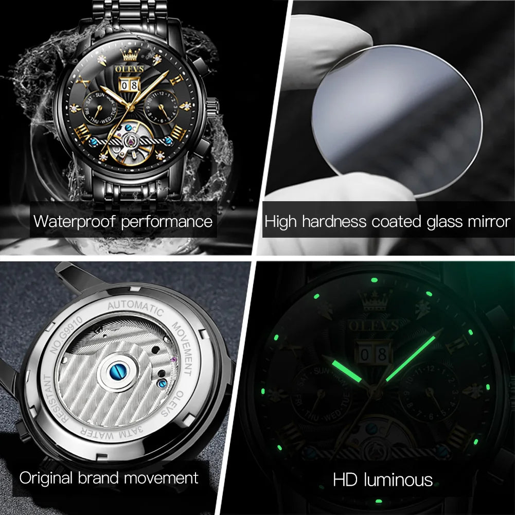 OLEVS 9910 Mens Watch Original Luxury Tourbillon Automatic Mechanical Watche Waterproof Luminous  Day-Date Watch With Box Reloj