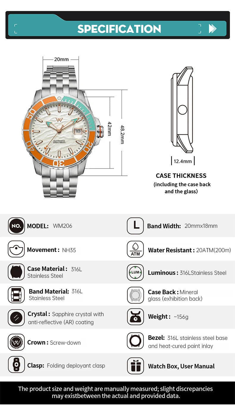 WM Watch Automatic Mechanical Watches NH35 Anti-reflective 200 Water Resistant Sapphire Crystal Welly Merck Watch WM206
