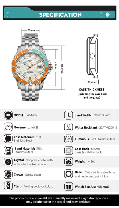 WM Watch Automatic Mechanical Watches NH35 Anti-reflective 200 Water Resistant Sapphire Crystal Welly Merck Watch WM206