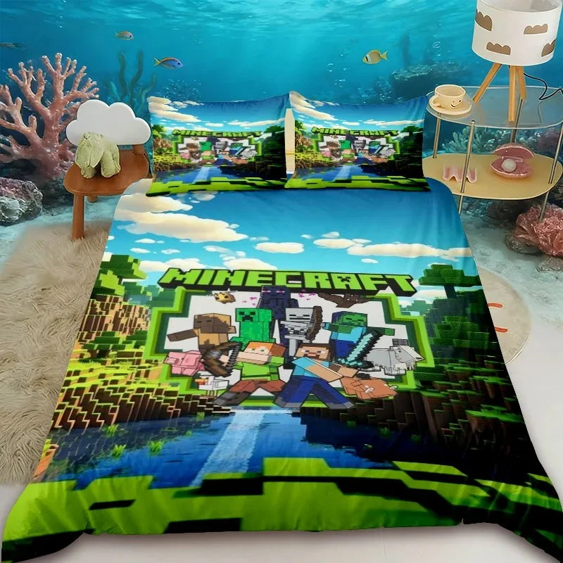 Capa de edredão infantil Cartoon Minecraft, conjunto de cama com capa de edredão, tamanho Queen, King e Full, com 1/2 fronha para quarto
