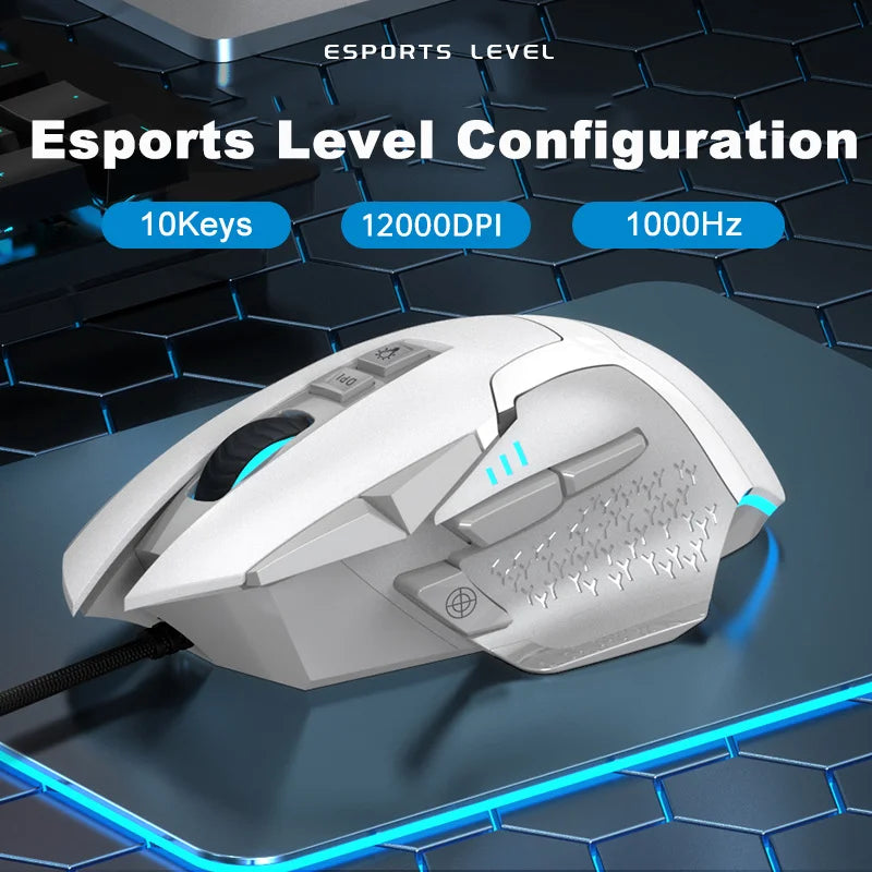 Rato Gaming com Fio 12000 DPI Ajustável, Programação de Macros, Retroiluminação RGB, Design Ergonómico, Tecla Fire, E-sport, Rato para PC