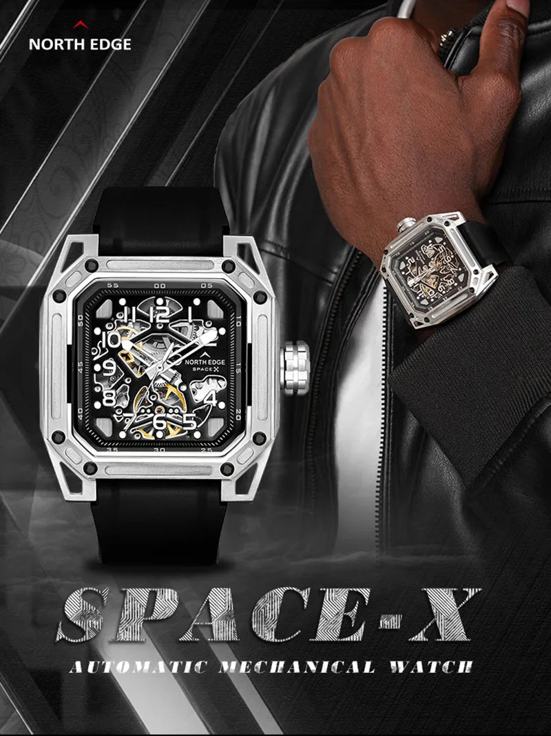 NORTH EDGE Men's Mechanical Watches Stainless Steel Skeleton Automatic Watch For Men Waterproof 100M Seagull's Movement Space X