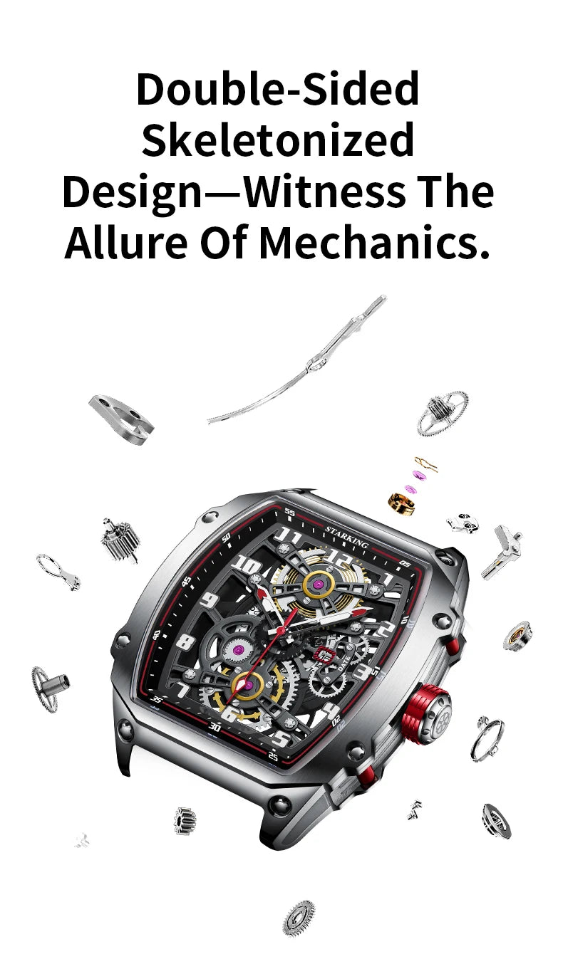 STARKING Luxury Men’s Automatic Mechanical Watch Skeleton Dial Silicone Band Tonneau Design Waterproof Luminous Sport Wristwatch