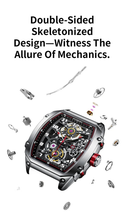 STARKING Luxury Men’s Automatic Mechanical Watch Skeleton Dial Silicone Band Tonneau Design Waterproof Luminous Sport Wristwatch