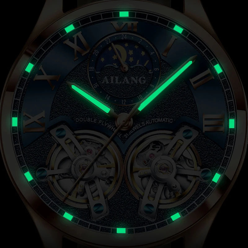 AILANG Double Tourbillon Design Business Men Mechanical Watch Fashion Leather Moon Phase Automatic Watches for Men Reloj Hombre