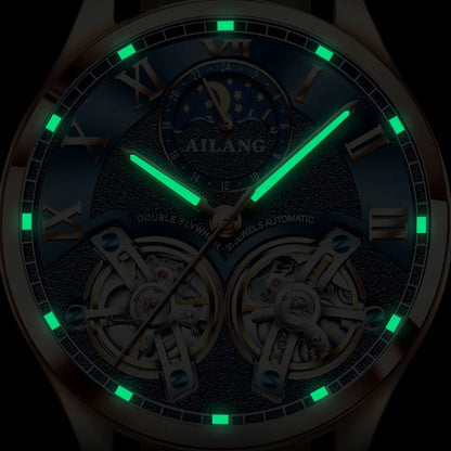 AILANG Double Tourbillon Design Business Men Mechanical Watch Fashion Leather Moon Phase Automatic Watches for Men Reloj Hombre