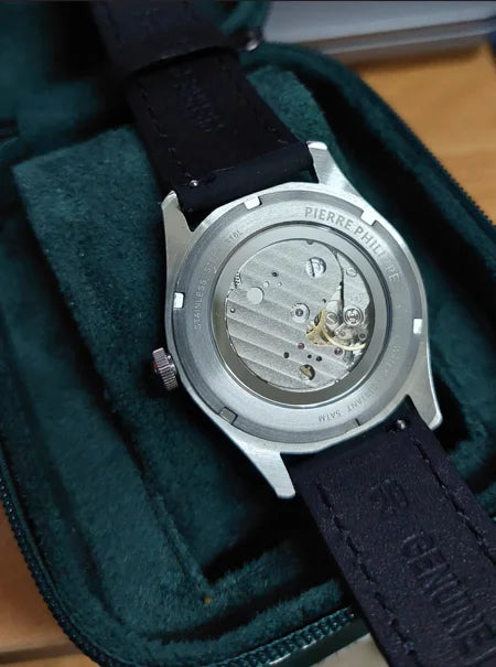 High-end men's 38MM watch black enamel dial ST17 manual mechanical watch leather waterproof