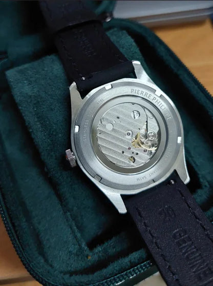 High-end men's 38MM watch black enamel dial ST17 manual mechanical watch leather waterproof