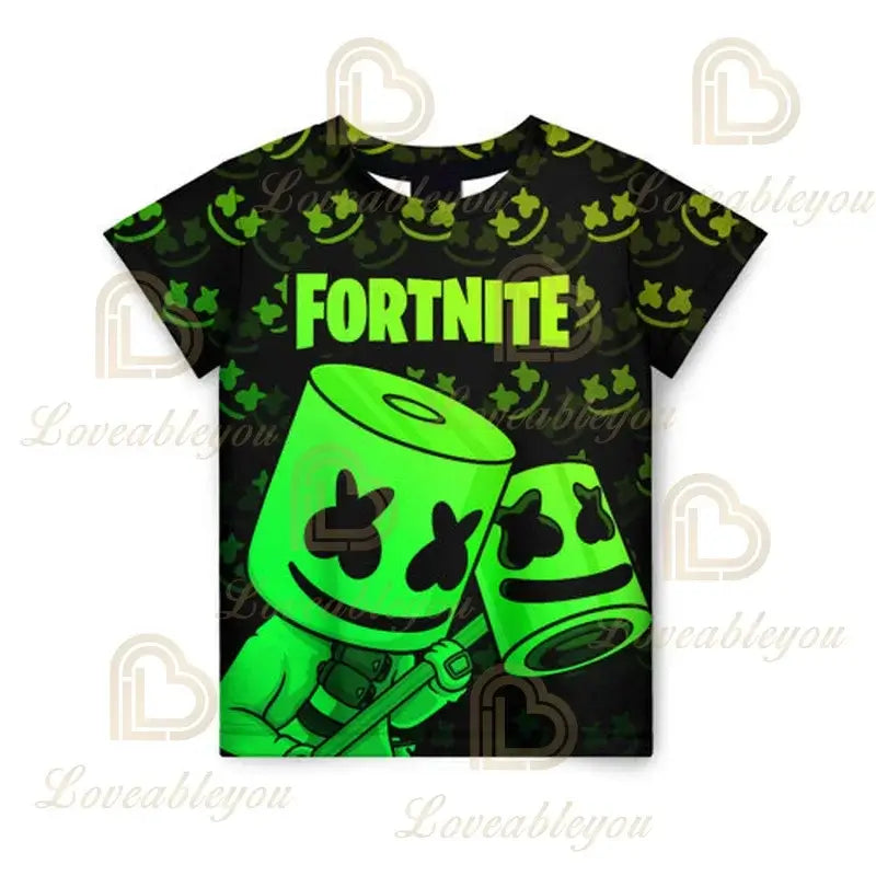 T-shirt infantil de verão Cartoon Fortnite com impressão 3D, para meninos e meninas, estilo streetwear, roupa para adultos e crianças, t-shirt divertida com gola redonda