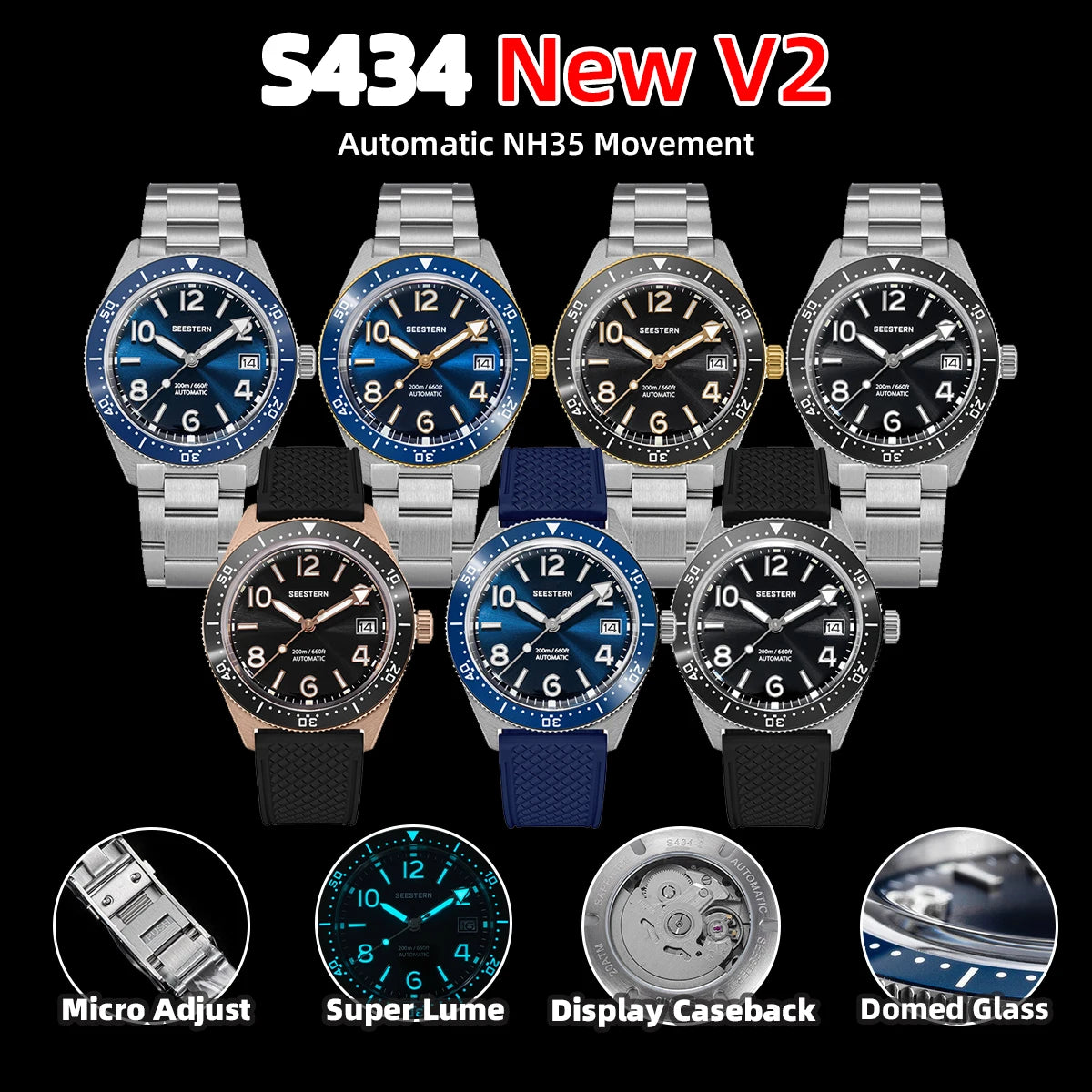 Sugess Diveing Watch of Men Automatic Mechanical Wristwatches 20ATM Waterproof Sapphire NH35A Movement BGW9 Luminous New S434-2