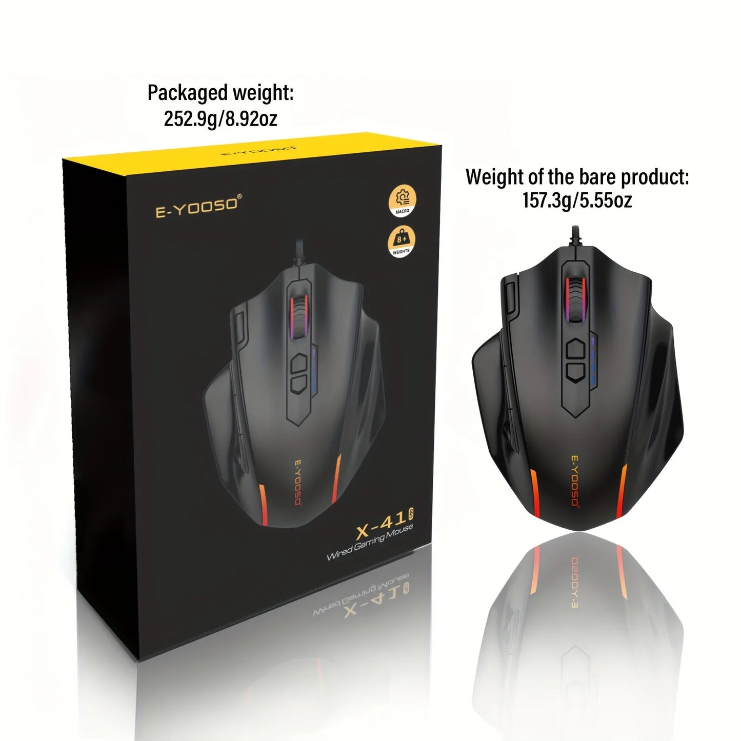 Ratón con cable E-YOOSO X-41PRO, ratón gaming grande con retroiluminación RGB, 11 botones laterales programables, compatible con ordenador, PC, portátil y Mac