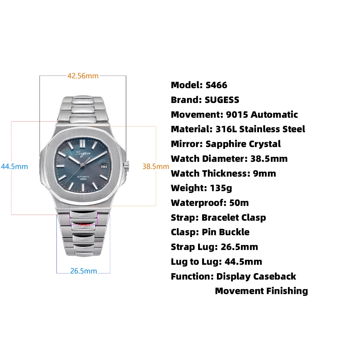 Sugess Man Watch Automatic Mechanical Wristwatches Miyota 9015 Movement MOP Dial Luminous Waterproof 5bar Bracelet Luxury S466