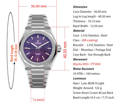 Cronos Luxury Men Watch 36mm Automatic PT5004 Miyota 90S5 Wristwatches Sapphire 10ATM See-through Case Back L6050  reloj hombre