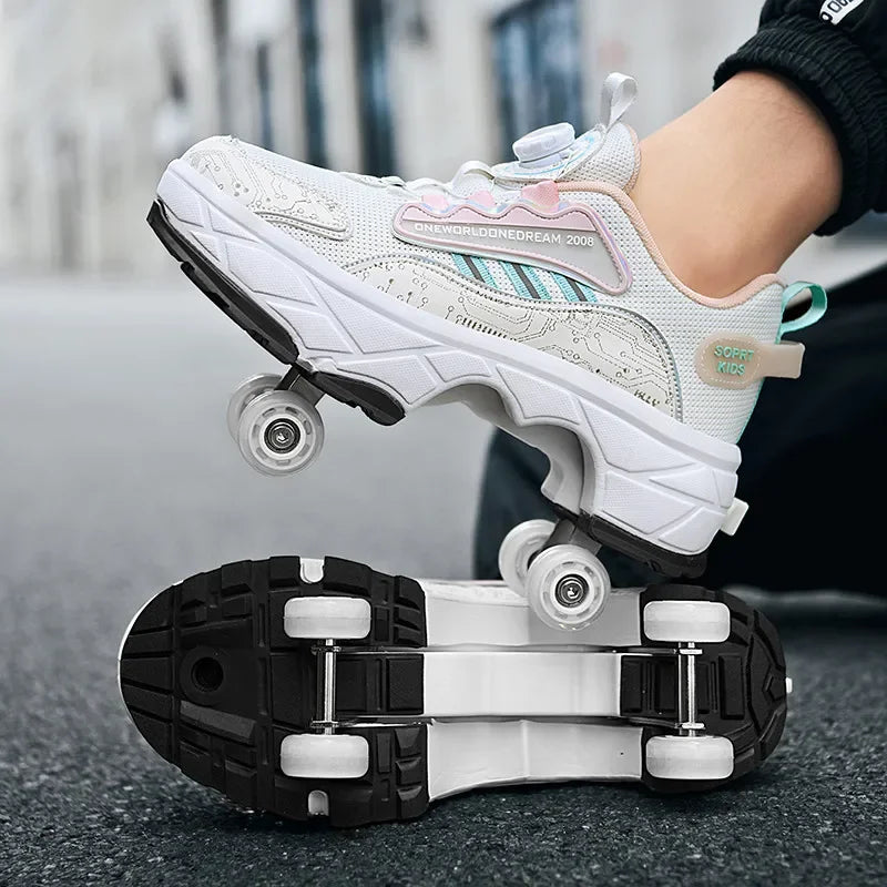 High Top 4 Wheel Roller Skate Shoes Automatic Retractable Dual-purpose Skating Sneakers for Boys Girls Kids & Youth