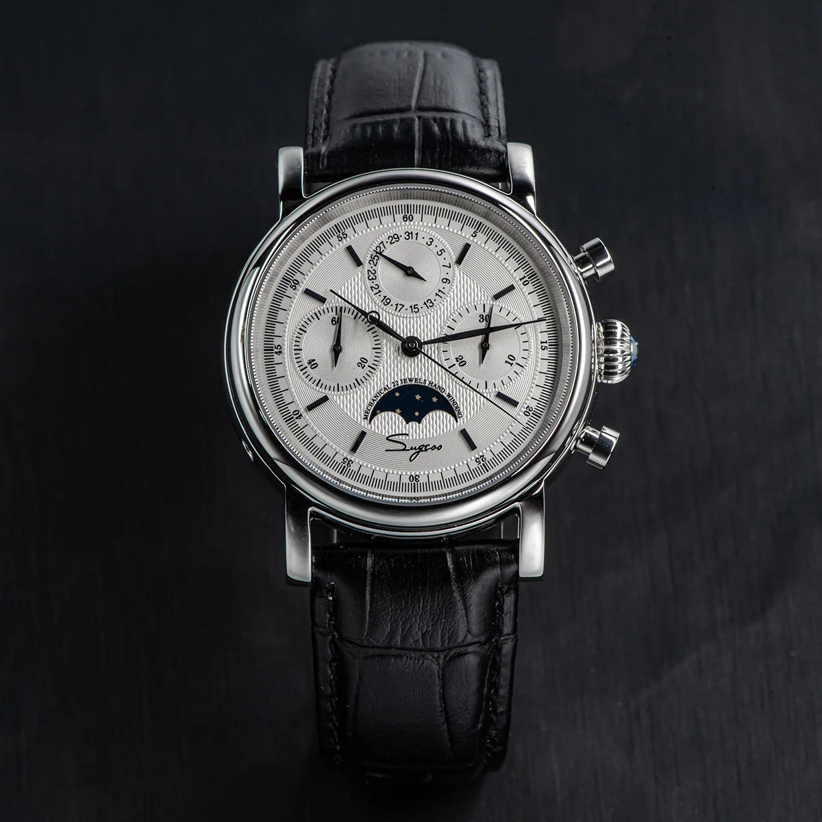 Sugess Men Watch ST1908 Swanneck Movement Mechanical Chronograph Wristwatch Genuine Moonphase Calendar Vintage Leather NEW 2023