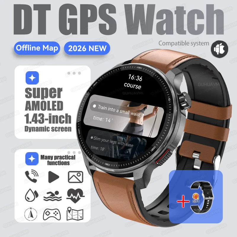 New GPS Offline Maps Smart Watch Men Memory 3D Menu Styles TWS MP3&MP4 Player 1.43"AMOLED Compass Sport Swim Waterproof Bracelet