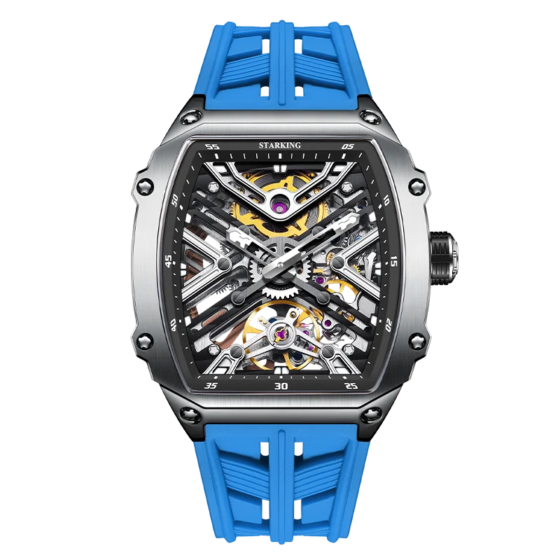 STARKING Men's Waterproof Sports Mechanical Watch, Wear-resistant Silicone Strap, Automatic, Luminous Tonneau Luxury Design