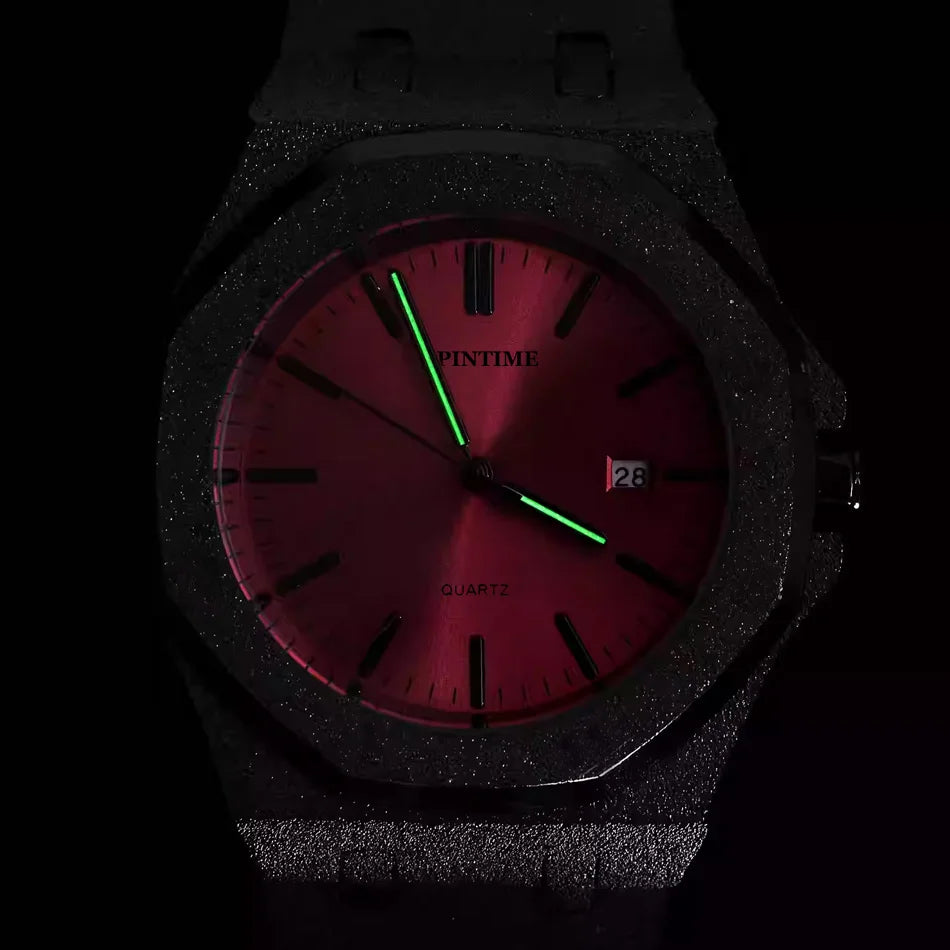 Octagon Wristwatch Glitter Textured Case Purple Dial Date Display Quartz Watch Unisex Stylish Trendy Casual Fashion Watch