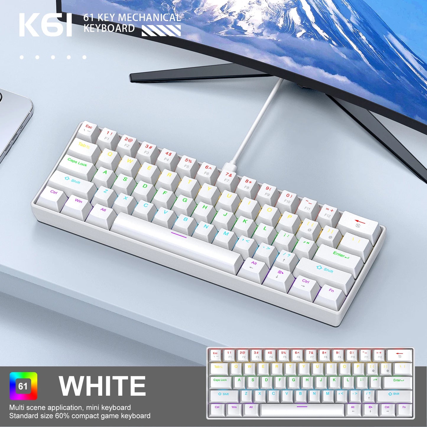 Teclado mecánico gaming con cable APAYADO K61 60% Mini Phantom RGB, 61 teclas, switch rojo/azul, ergonómico y portátil para PC/portátil
