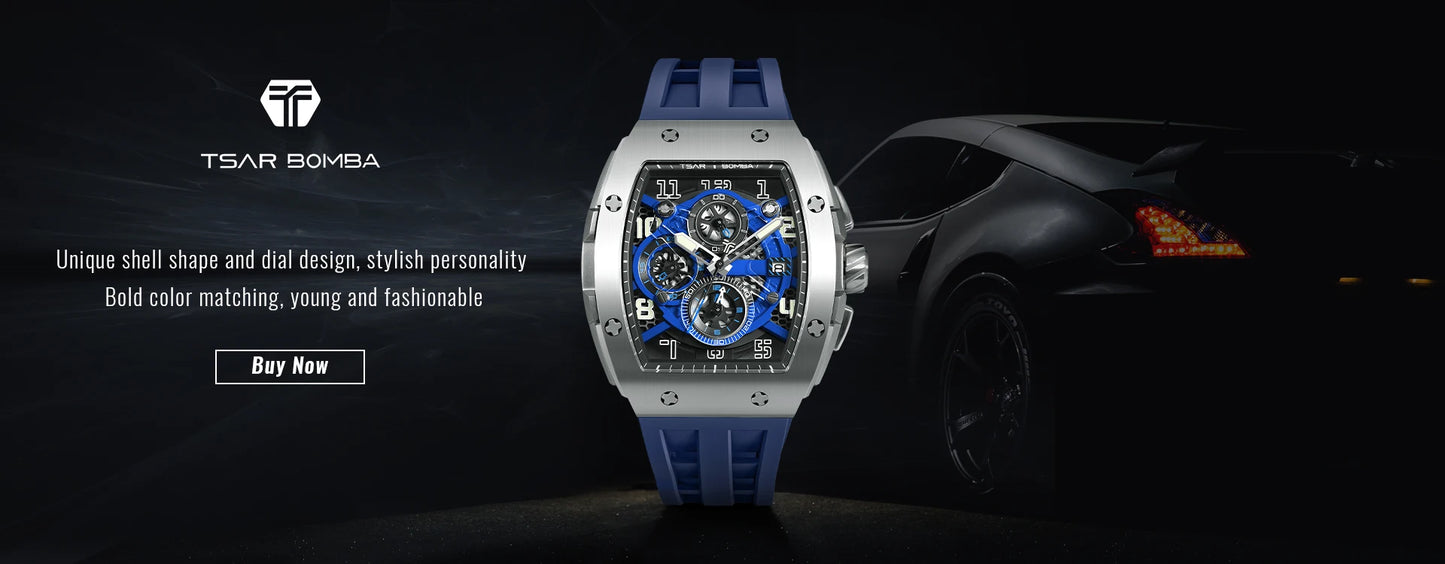 TSAR BOMBA Watch for Men Luxury Brand Tonneau Design Waterproof Clock Stainless Steel Wristwatch Fashion Rectangle Men's Watch