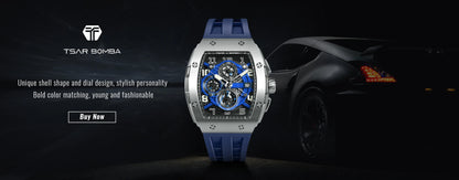 TSAR BOMBA Watch for Men Luxury Brand Tonneau Design Waterproof Clock Stainless Steel Wristwatch Fashion Rectangle Men's Watch