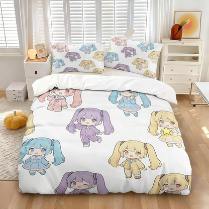 Hatsune Miku Chibi Style Duvet Cover Set Cute Anime Bedding with Pillowcases Gaming Room Teens Kids Bedroom Decor Gift for fans