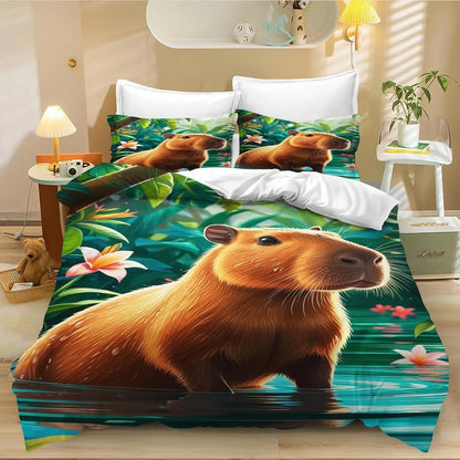 Conjunto de Capa de Edredão e Fronha com 4 Capivaras em Desenho Animado, Roupa de Cama Capivara para Adulto, Rapaz e Rapariga, Decoração de Quarto Infantil, Tamanho Individual e Duplo