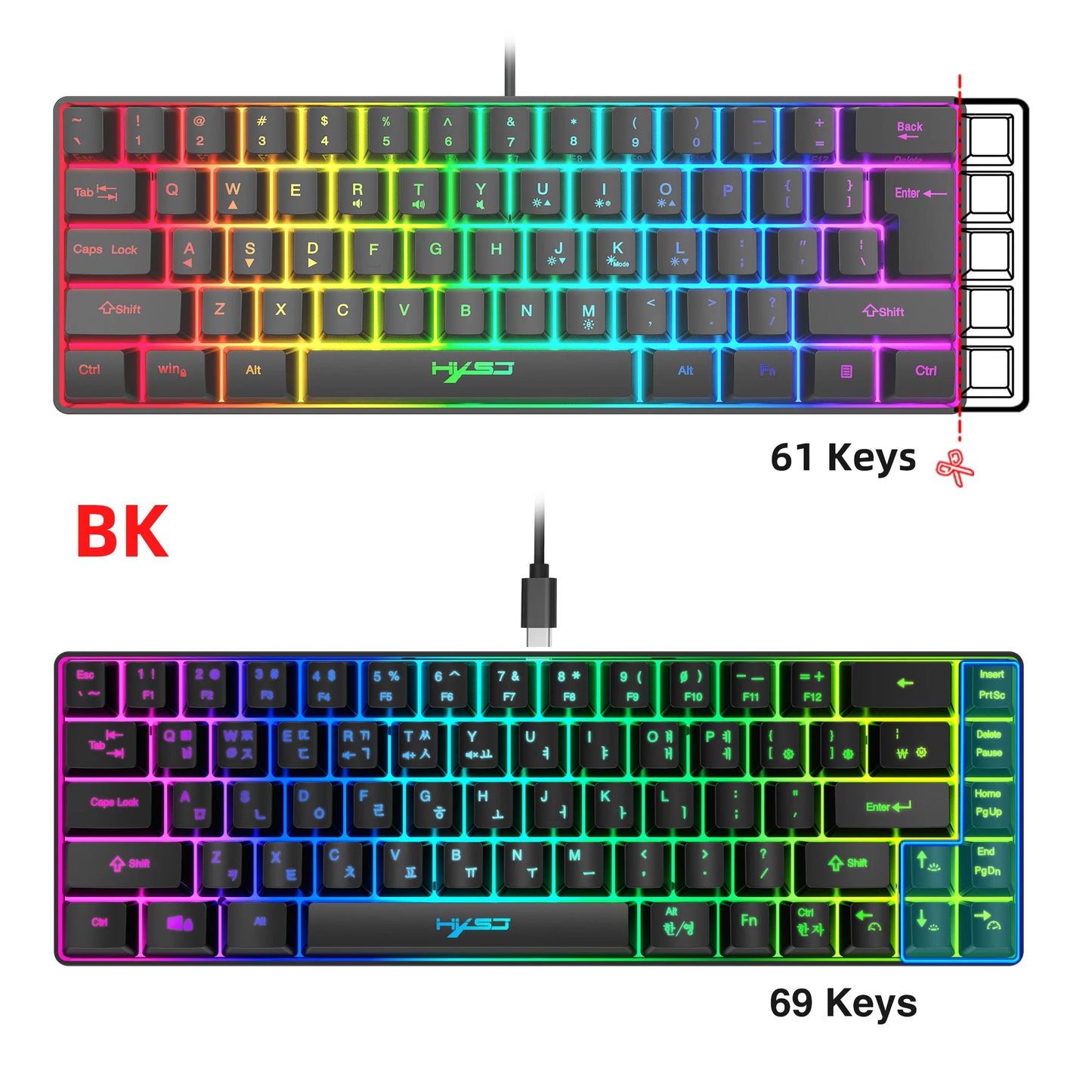 Teclado gaming coreano portátil HXSJ V200 de 68 teclas, teclado de membrana cableado para oficina con retroiluminación RGB al 65% para PC de escritorio y portátiles
