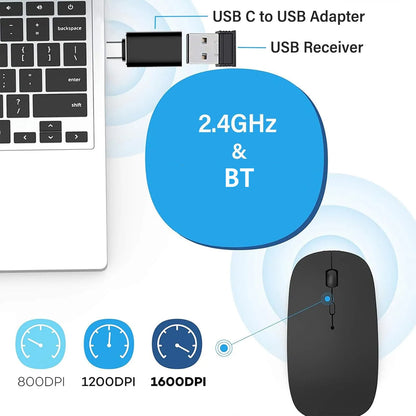 Mouse wireless ricaricabile a doppia modalità Bluetooth compatibile e 2.4G USB per computer, laptop, iPad, tablet e notebook, mouse da gaming