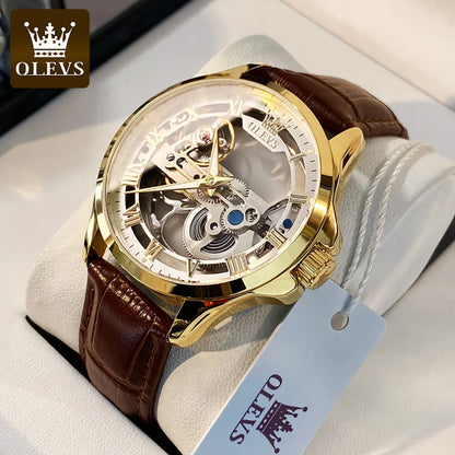 Montre mécanique automatique pour homme OLEVS 6661 – Modèle squelette entièrement transparent avec volant apparent, bracelet en cuir, montre de luxe originale pour homme