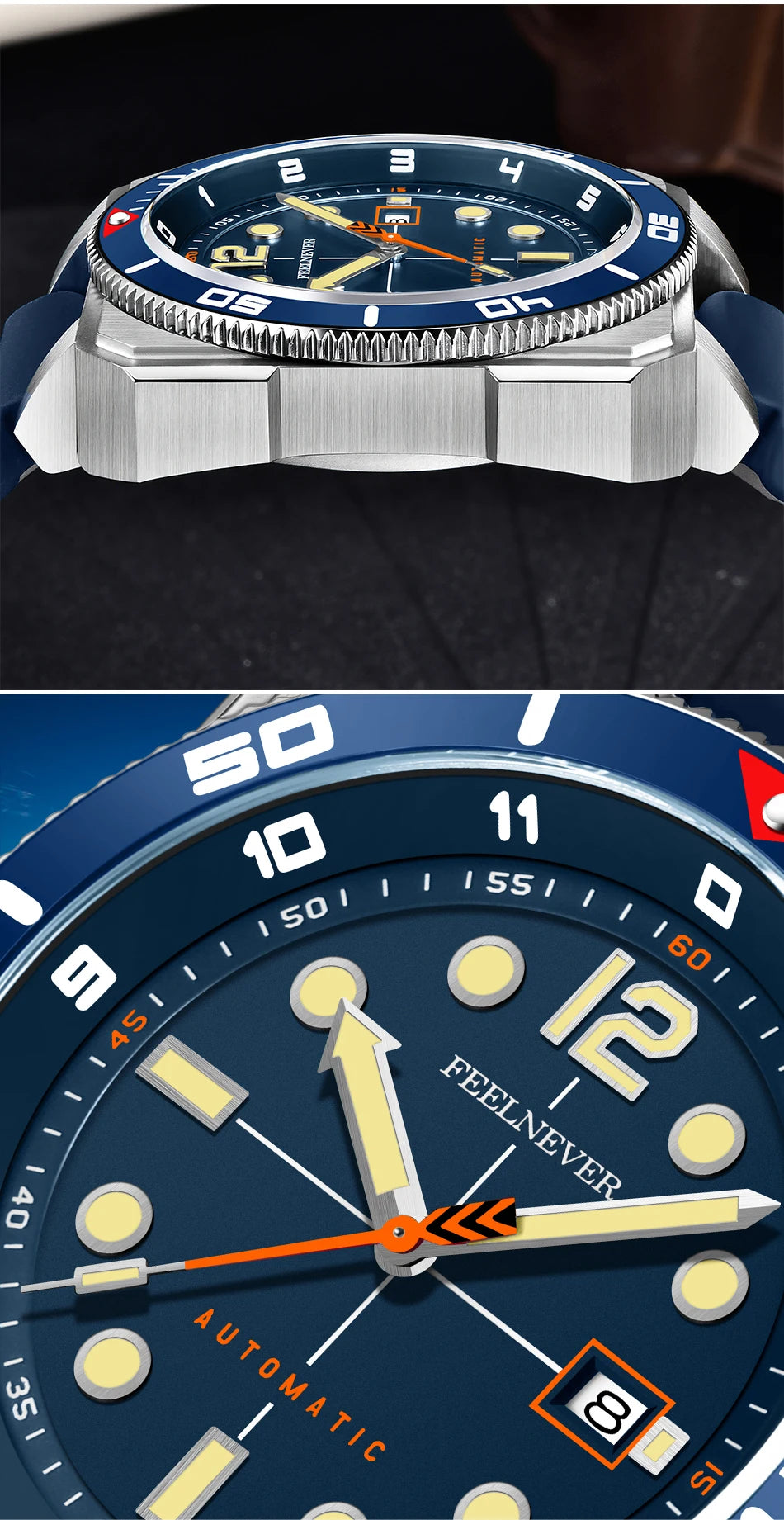 Relógio de Mergulho Automático para Homem FeelNever 8215 Movement, Super Luminoso, Aço 316, Vidro de Safira, Relógio Mecânico Desportivo Masculino