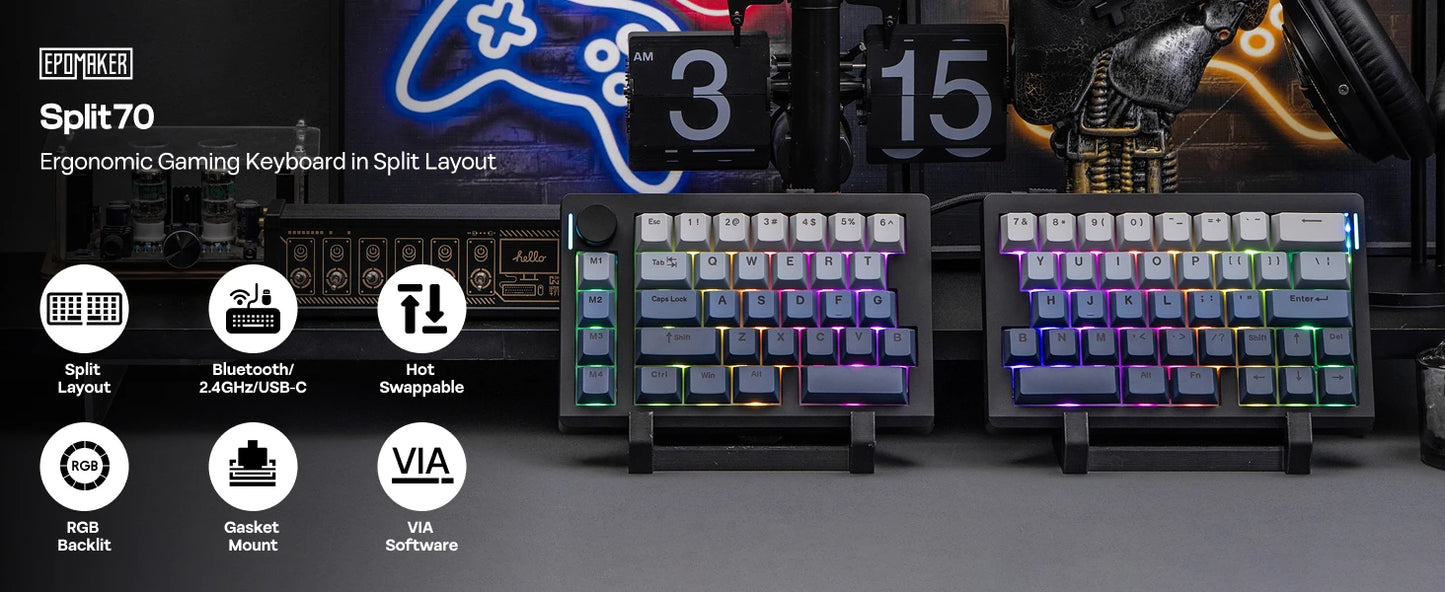 Teclado mecánico inalámbrico EPOMAKER Split70 QMK/VIA 70% con diseño dividido, conexión cableada/BT/2.4Ghz y perilla programable, modificador Mac