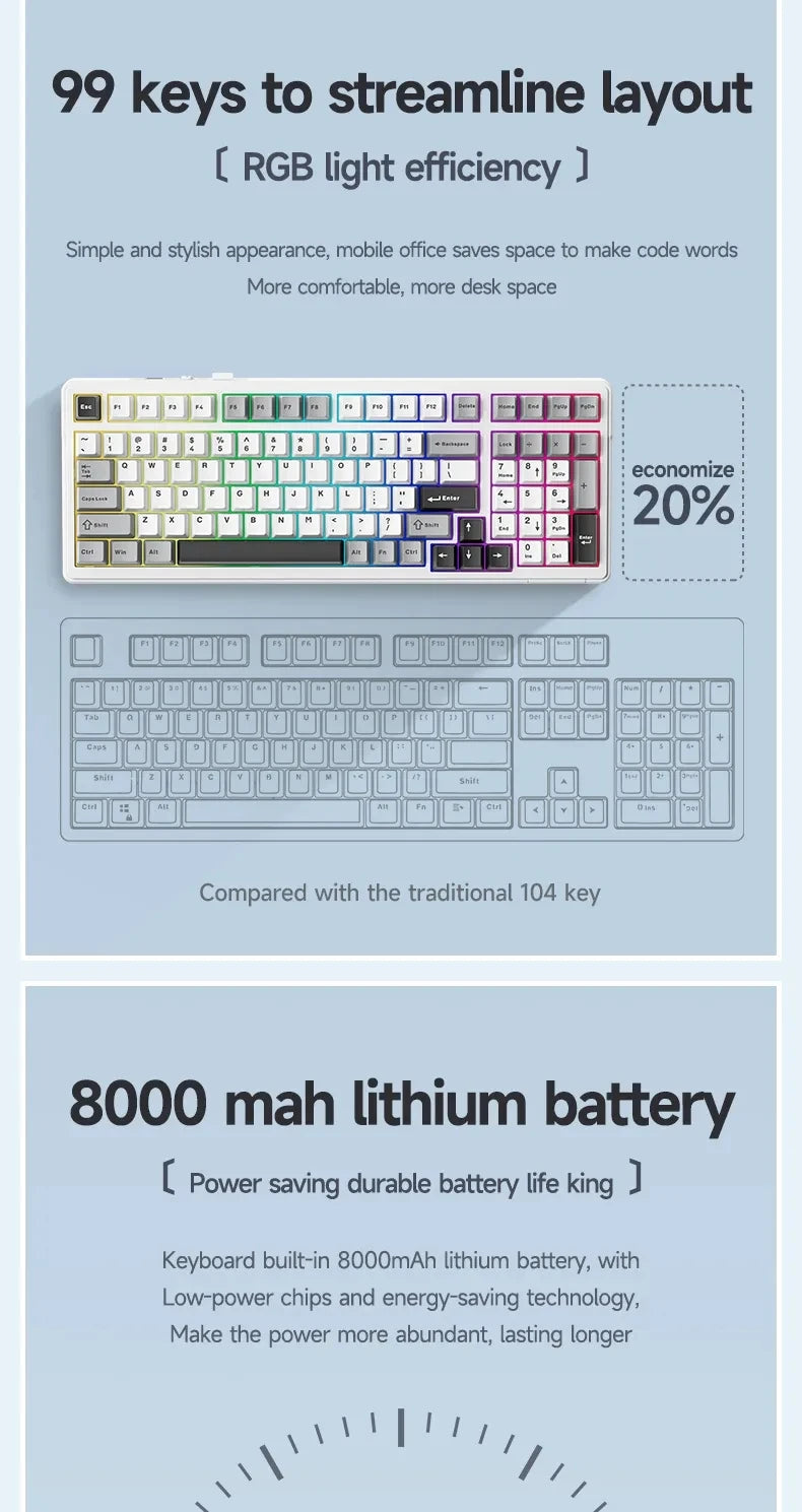 Teclado mecánico gaming Aula F99 de 99 teclas, tres modos: 2.4g inalámbrico, Bluetooth y cableado, hot swap, PBT, gasket y RGB para juegos y escritura