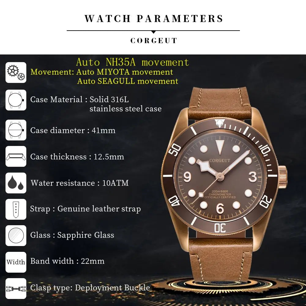 Luxury NH35A Corgeut 41mm Automatic Men Watch PVD Case Sapphire Military Male 10BAR wim Watches Luminous Mechanical WristWatches