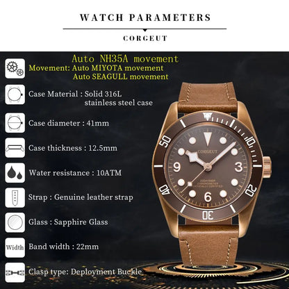 Luxury NH35A Corgeut 41mm Automatic Men Watch PVD Case Sapphire Military Male 10BAR wim Watches Luminous Mechanical WristWatches
