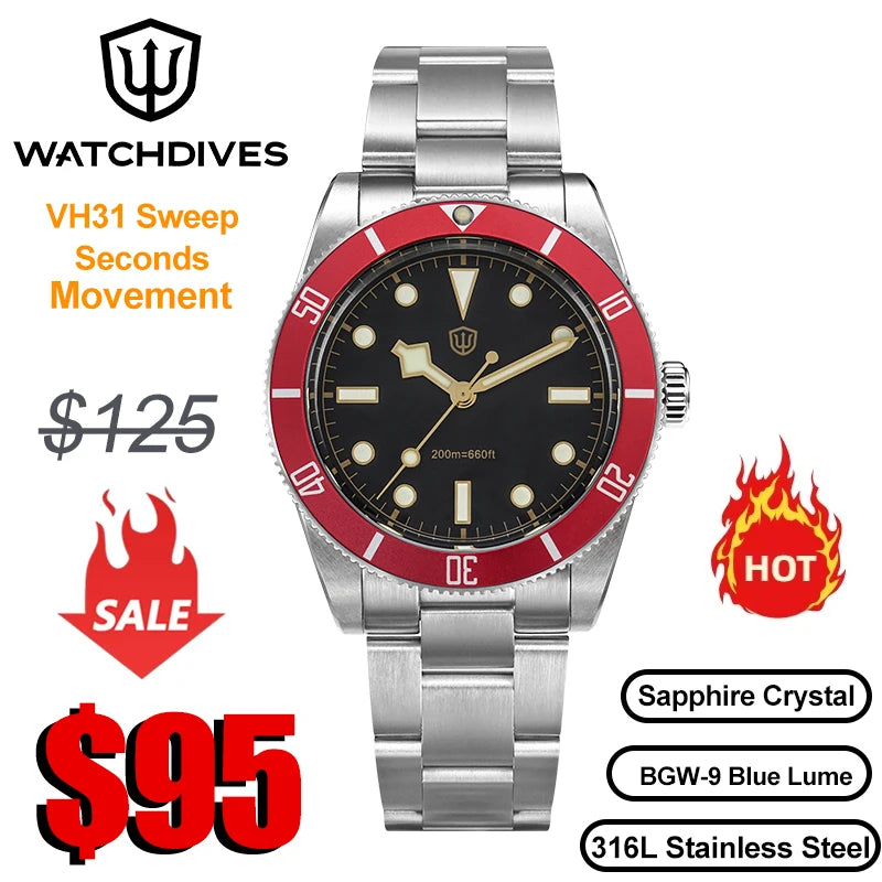 Watchdives WD7922 BB54 Watch VH31 Sweep Second Movement Sapphire Crystal 20bar Waterproof C3 Luminous 37mm Vintage Watches