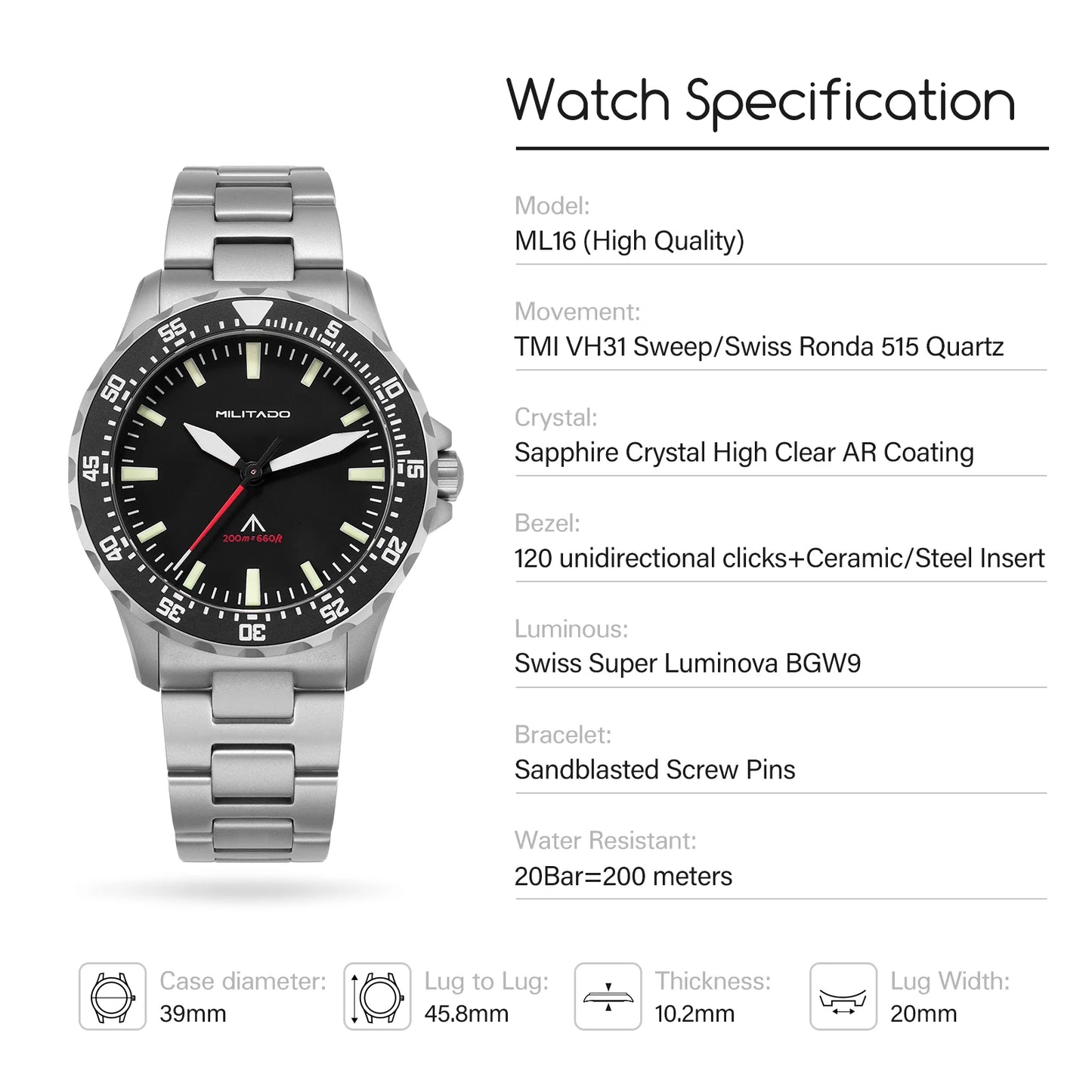 Militado ML16 Watch VH31 Sweep /515 Quartz Movement Sapphire Crystal BGW9 Luminous 200m Water Resistance 38mm Men's Vintage Watch
