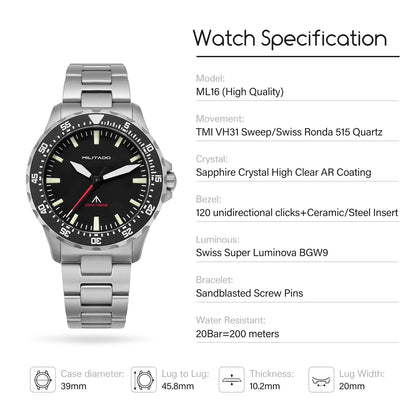 Militado ML16 Watch VH31 Sweep /515 Quartz Movement Sapphire Crystal BGW9 Luminous 200m Water Resistance 38mm Men's Vintage Watch