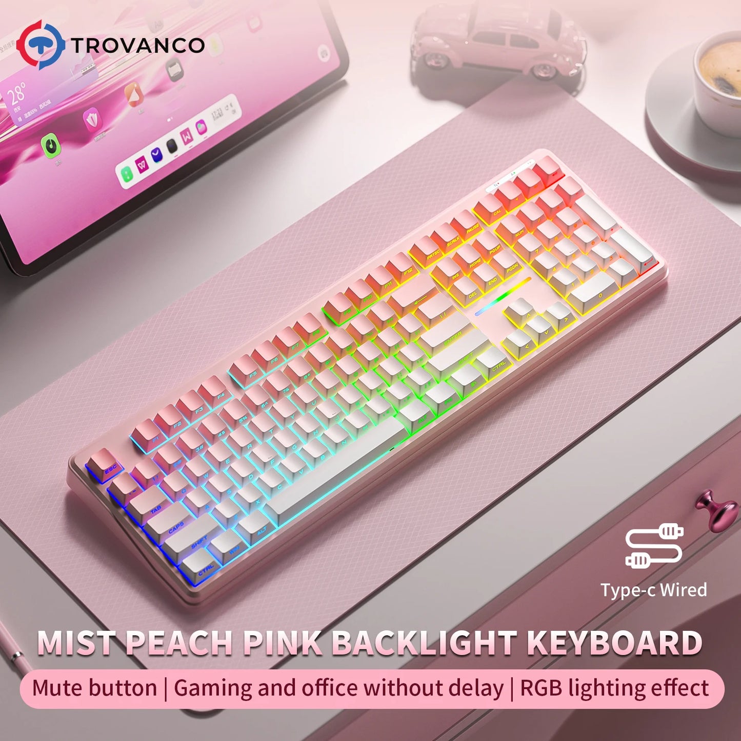 Tastiera Bluetooth V108 Pro Office a bassa rumorosità 2.4G cablata e wireless, layout completo con membrana retroilluminata RGB