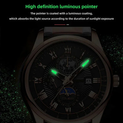 Men’s Luxury Sport Quartz Watch -  Waterproof Luminous Dial, Leather Strap & Date Display