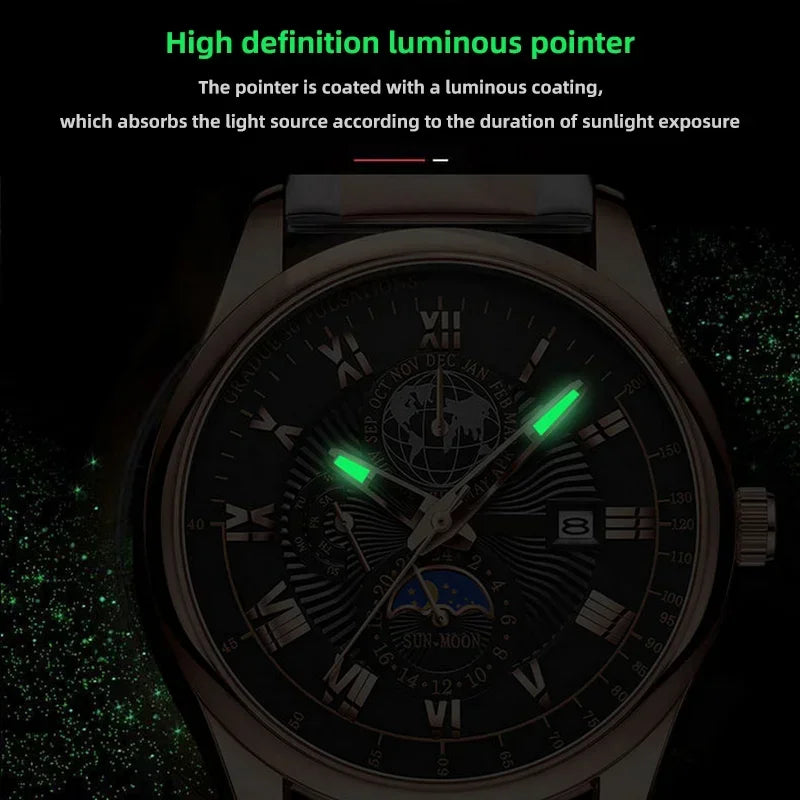 Men’s Luxury Sport Quartz Watch -  Waterproof Luminous Dial, Leather Strap & Date Display